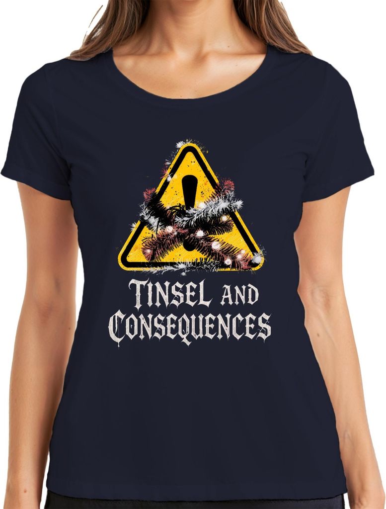 Tinsel and Consequences Weihnachten Lametta Warnschild lustig Damen T-Shirt, Navy, XL