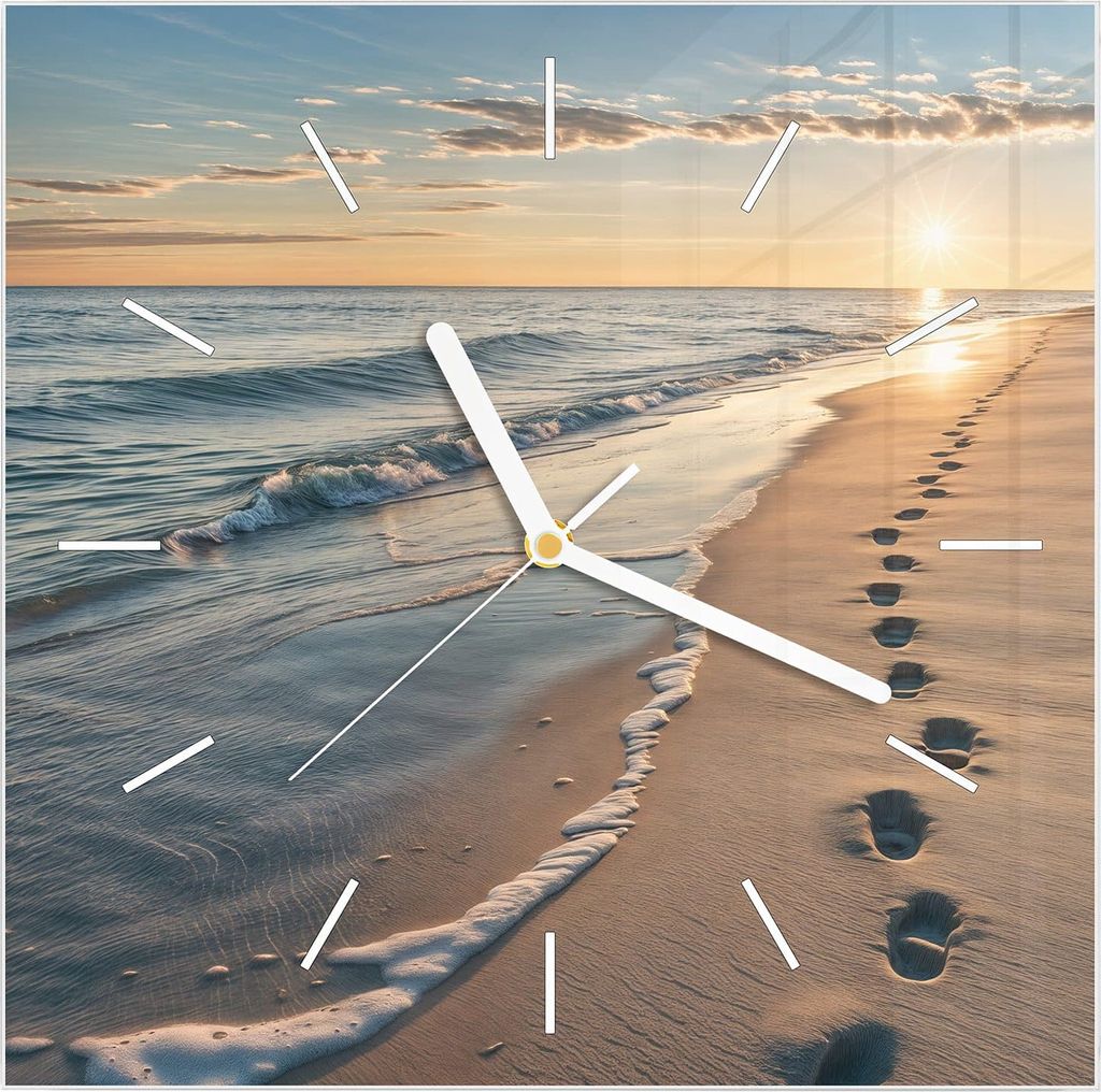 Wanduhr aus Glas mit Motiv Strandspuren- 30 x 30 cm - inkl. Aufhängesystem