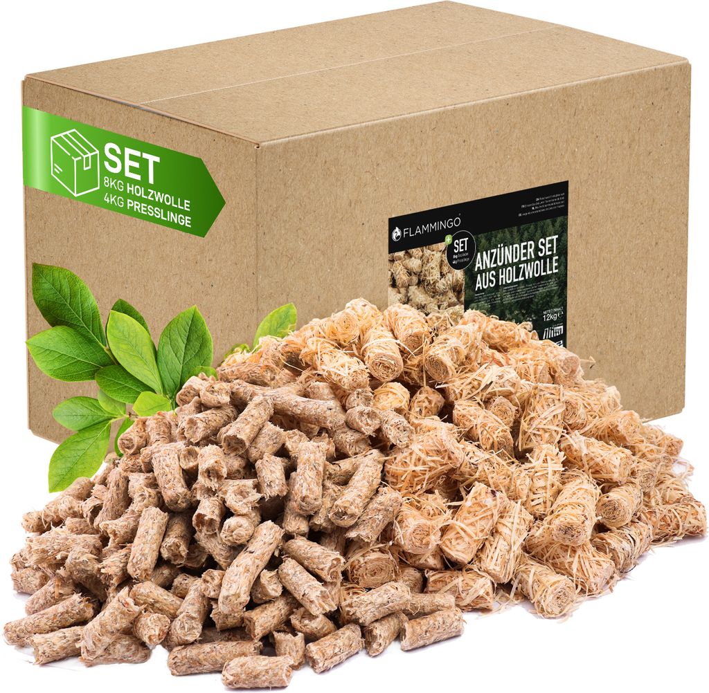 A pile of wood wool fire starters in front of a cardboard box.