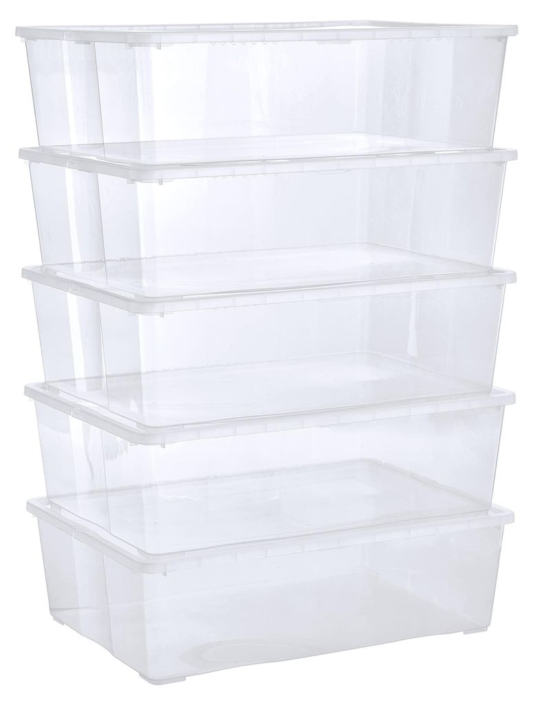 5 transparente, stapelbare Aufbewahrungsboxen à 25 l mit Deckel und Stütze, 5 x 25 l.