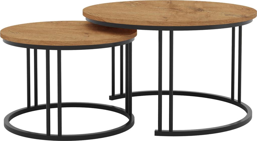 Couchtisch 2 in 1 Monti 10 Kaffeetisch Ø75 x 47 / Ø58 x 40 cm Wohnzimmertisch mit Eiche Tischplatte Satztische mit Metallgestell, Farbe: Eiche La...