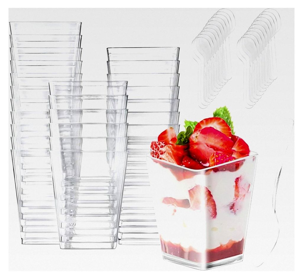 50 Stück Desserttassen mit 50 Löffeln, 160ml / 240ml klare Dessertbecher, wiederverwendbare quadratische Desserttassen, trapezförmige Becher fü...