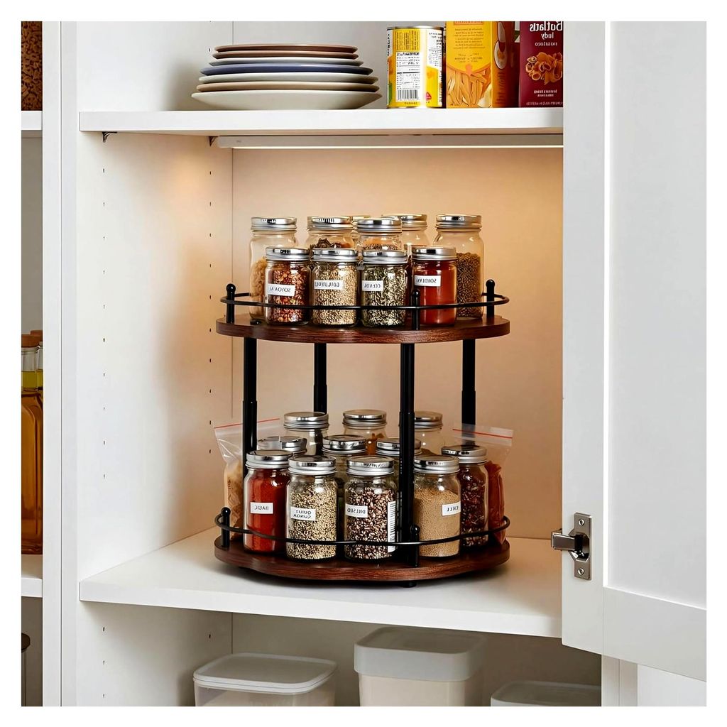 Drehbares Gewürzregal aus Holz, 2-stufiger Küchenorganizer, höhenverstellbar, Lazy Susan für Schrank, Speisekammer, Arbeitsplatte, Esstisch, 30...