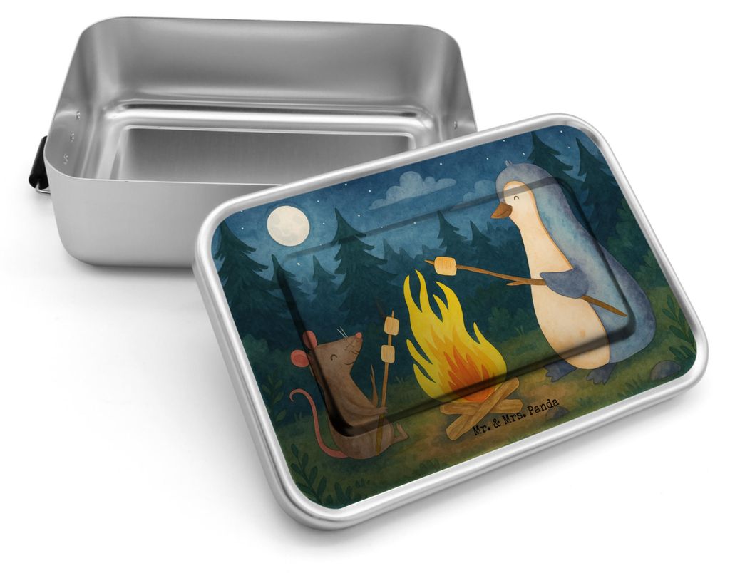 Mr. & Mrs. Panda Lunchbox Pinguin Lagerfeuer Design - Weiß - Geschenk, Snackbox, Essensbox, Job, Maus, Arbeit, Jausenbox, Lunchdose, Metall Brotdose