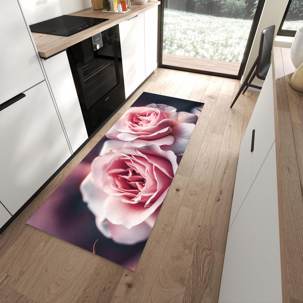 Küchenteppich 80x200cm rutschfest & abwischbar PVC Läufer - Rosenblüten Duo