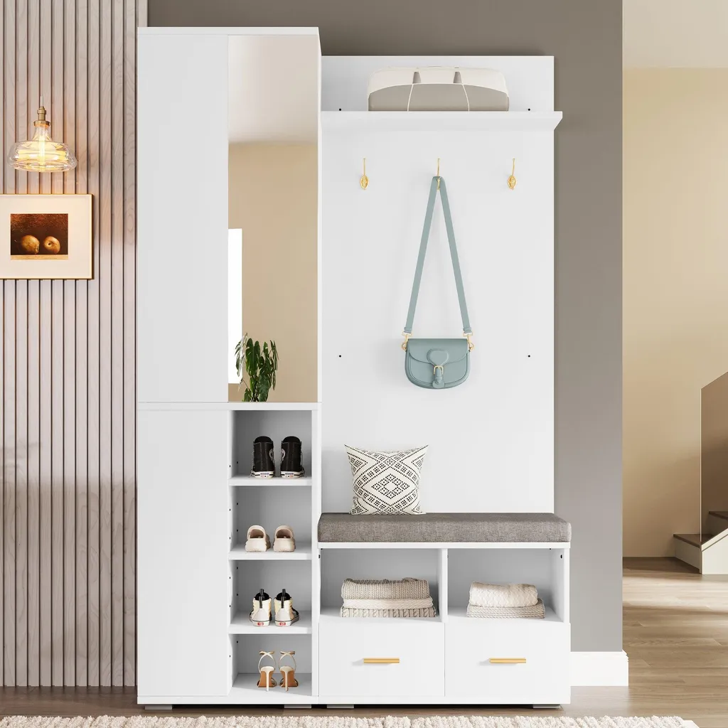 Optimiser l'entrée : Vestiaire blanc 120x35cm avec banc et miroir mural