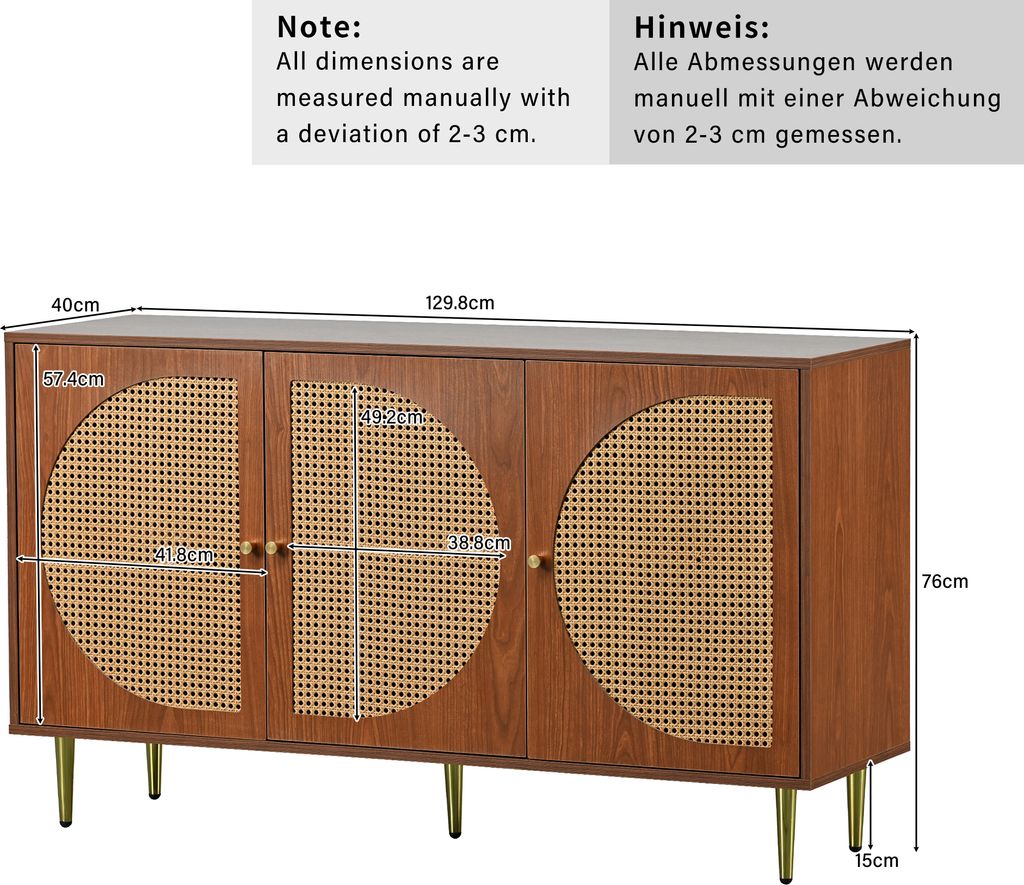 DAWNYIELD Rattan Sideboard Mit 3 Türen - Natürlicher Holzschrank Für Wohnzimmer & Küche 117x37.5x75cm
