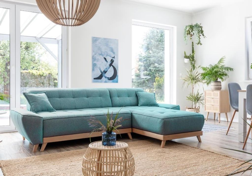 MIUFORM Dazzling Daisy - Ecksofa mit Bettfunktion und Bettkasten Sofa mit seitenverkehrt montierbarer Chaiselongue - 260x164cm - Türkis - Sofa Sch...