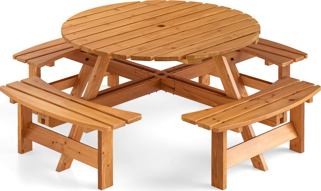 COSTWAY Picknicktisch Set für 8 Personen, Gartentisch mit Schirmloch & 4 Bänken, Terrassenmöbel, Gartenmöbel, runde Sitzgruppe, Sitzgarnitur Gelb