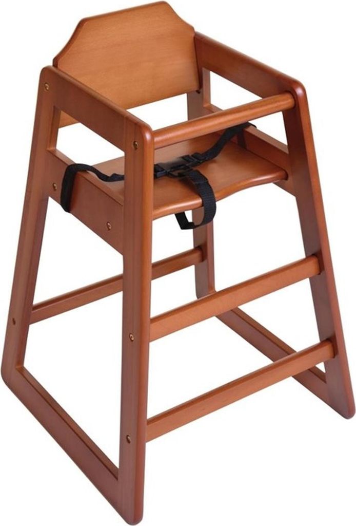 A wooden high chair with a safety strap.