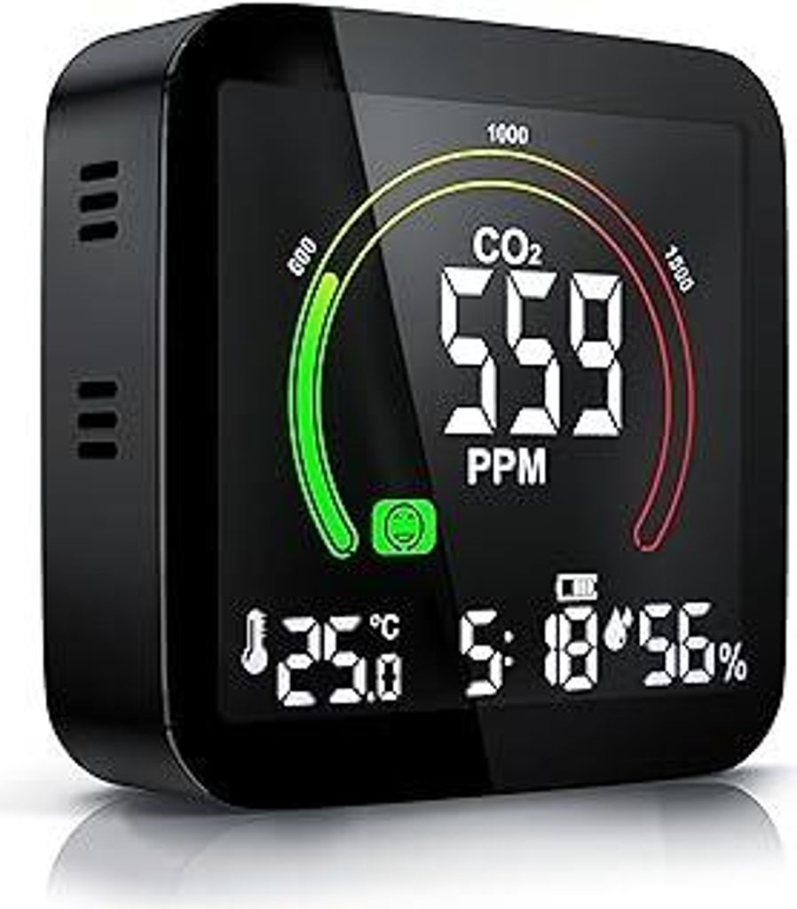 Brandson - CO2 Melder Messgerät Luftqualitätsprüfer, Kohlenstoffdioxid Sensor Messung PPM, Co2 Anzeige, Raumluft Lüftungsampfehlung Alarm, Weck...