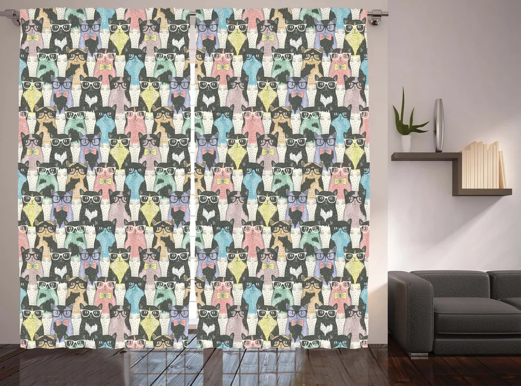 Rideau pour Grand Salon Motif Chat Hipster Facile à Poser 280x225 cm