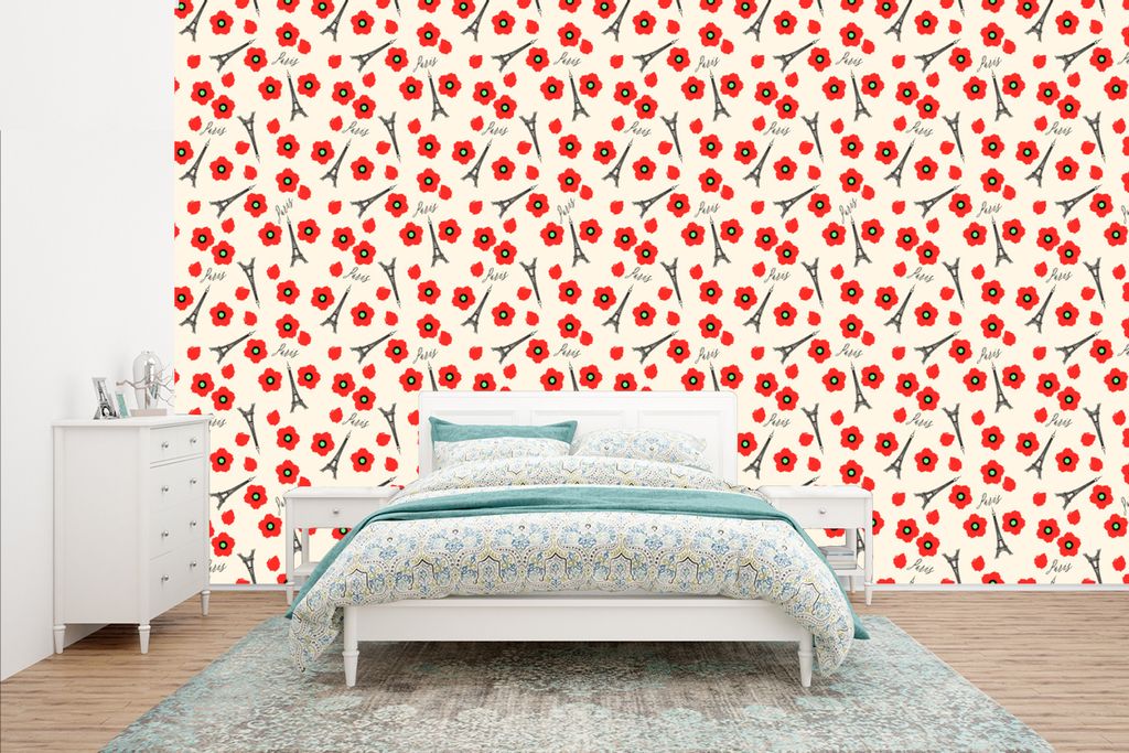 MuchoWow Fototapete für Wohnzimmer oder Schlafzimmer Wandtapete Vinyl Motivtapete Muster - Paris - Eiffelturm - Blumen - 400x240 cm - Gemustert