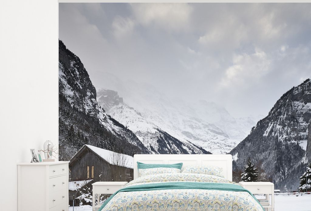 MuchoWow Fototapete für Wohnzimmer oder Schlafzimmer Wandtapete Vinyl Motivtapete Holzchalet auf dem Schilthorn in der Schweiz - 300x240 cm - Fo...
