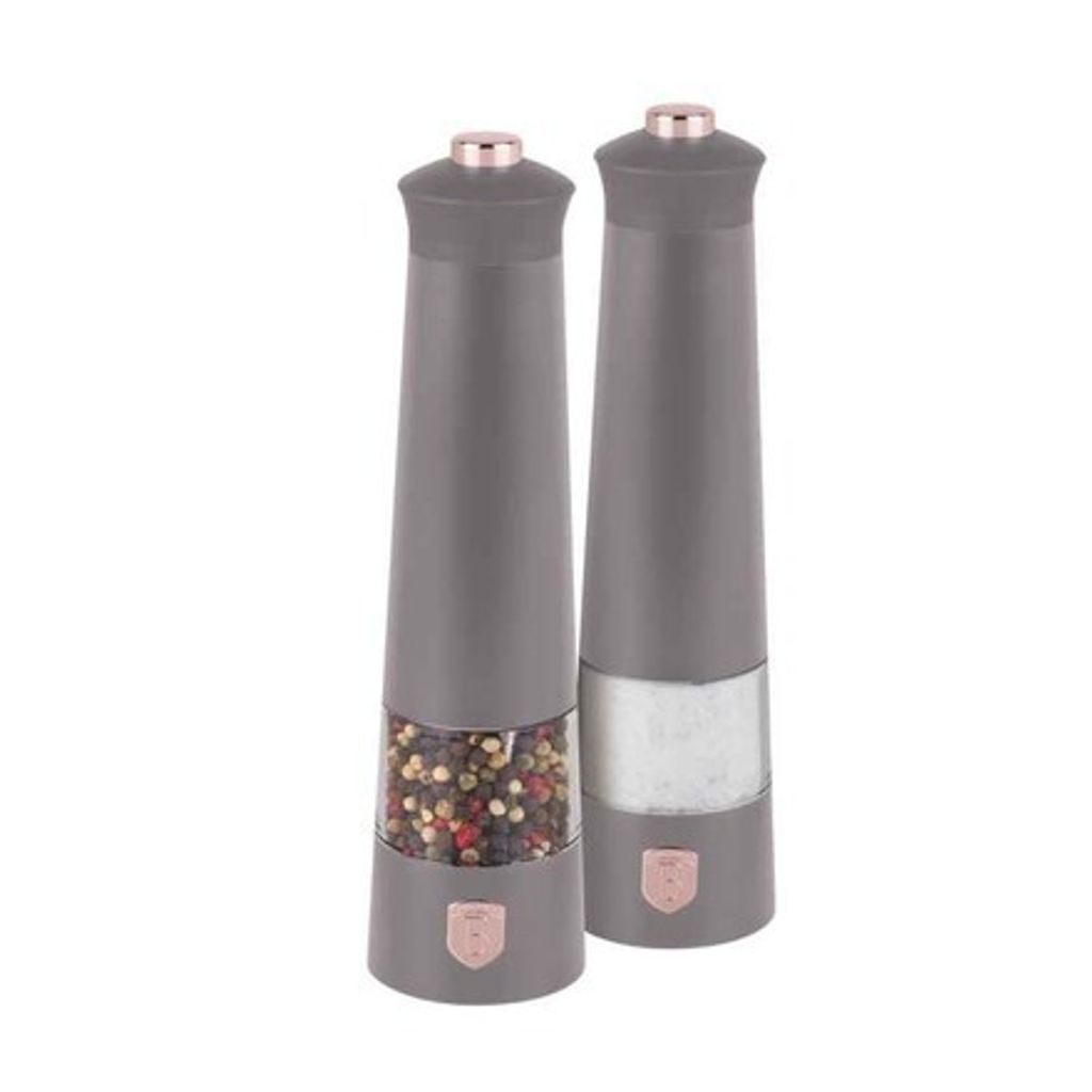 Two electric salt and pepper grinders.
