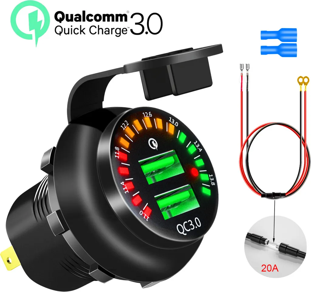Presa USB Auto 12V QC3.0 Doppia Porta con Display a Colori e Voltmetro