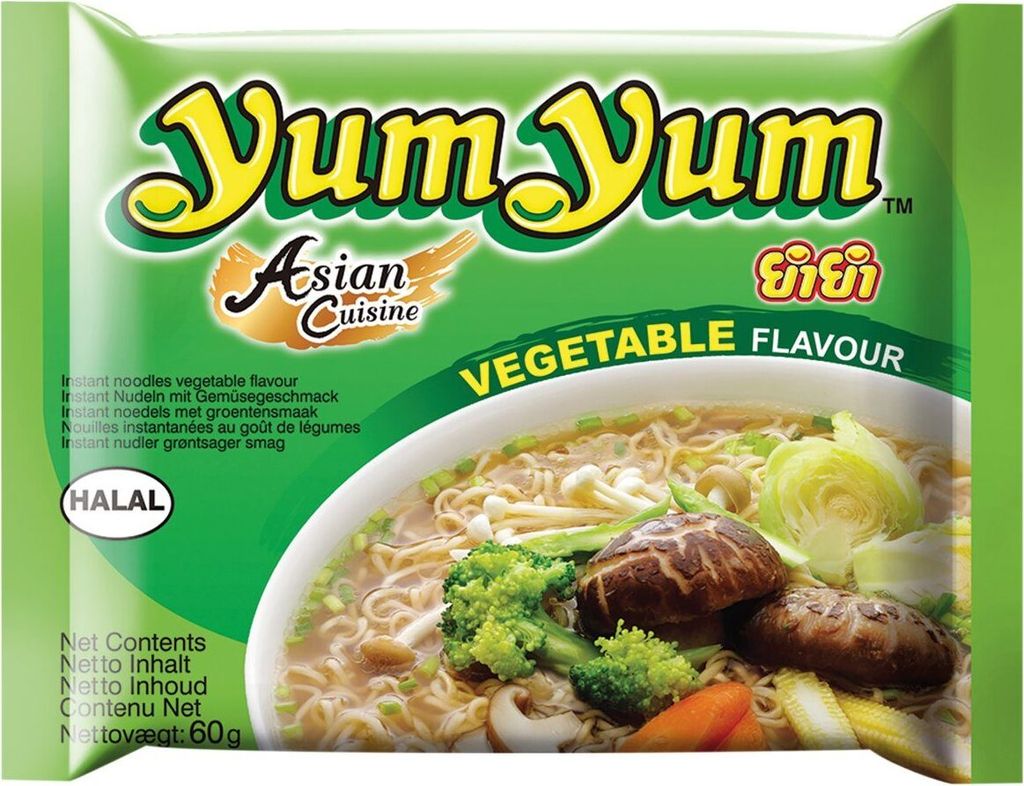 A package of Yum Yum Instant Vegetable Flavor Noodles.