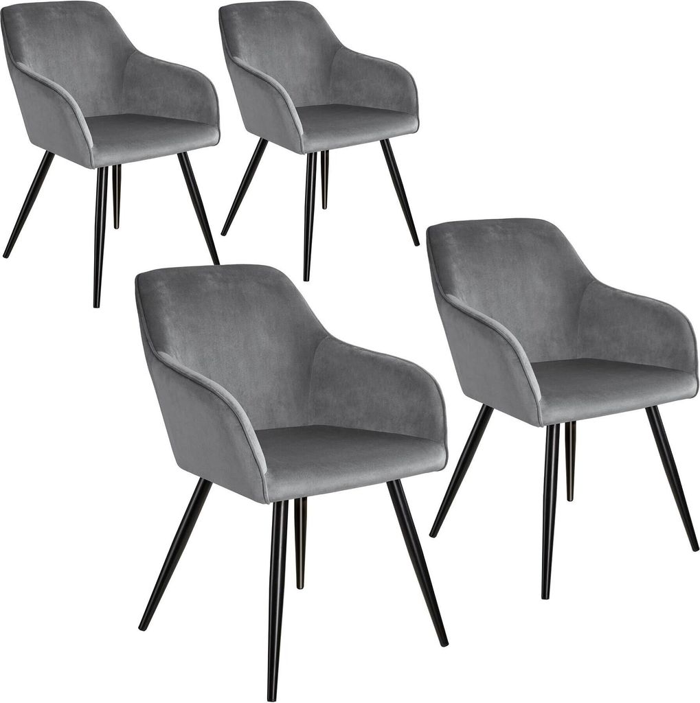 Four gray upholstered dining chairs with black legs are arranged on a white background.