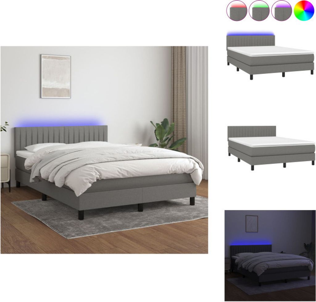 vidaXL Boxspringbett mit Matratze & LED Dunkelgrau 140x200 cm Stoff - Betten & Bettgestelle