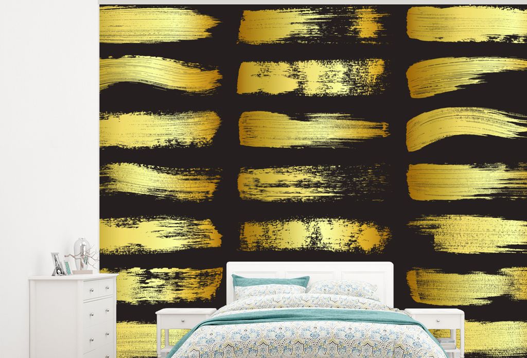 MuchoWow Fototapete für Wohnzimmer oder Schlafzimmer Wandtapete Vinyl Motivtapete Goldene Streifen auf schwarzem Hintergrund - 325x260 cm - Tapete