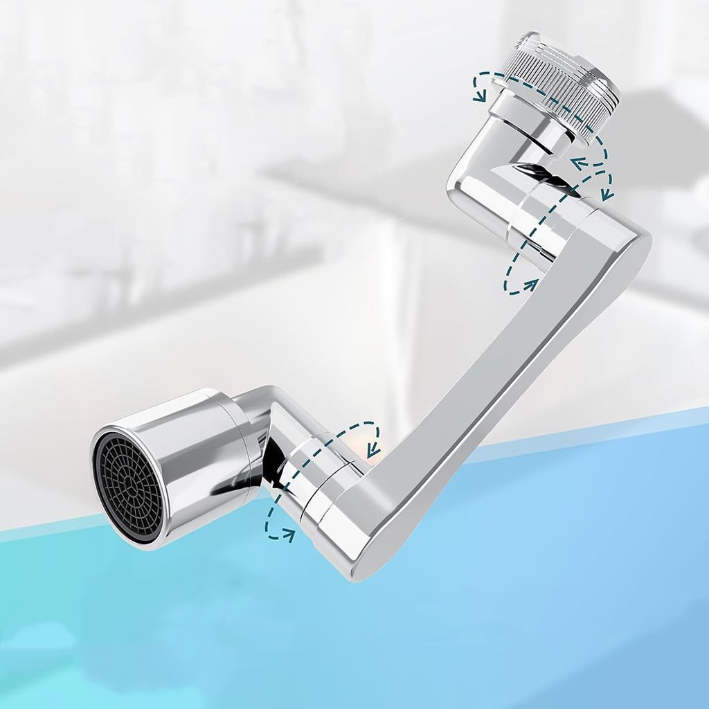 A chrome-plated faucet extender with a flexible, articulated arm, shown against a blurred white and light blue background.
