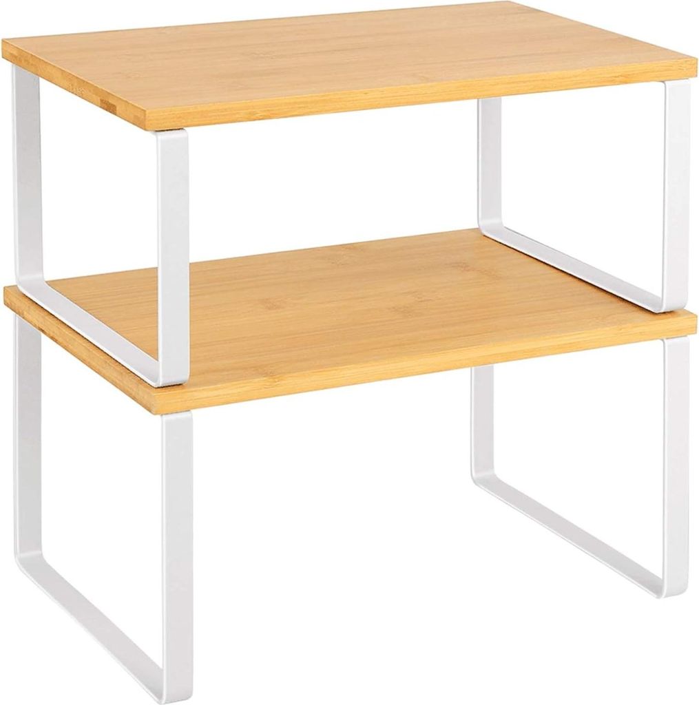 Set von 2 erweiterbaren Küchenschrank-Organizern - Gewürzregal und Ablage für Küchenschrank und Arbeitsplatte - Weiße und natürliche Farben K...