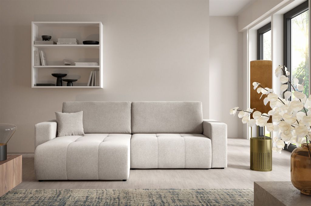 Ecksofa Sofa mit Schlaffunktion AUGUSTO in Stoff Wind Hellgrau Ottomane Links