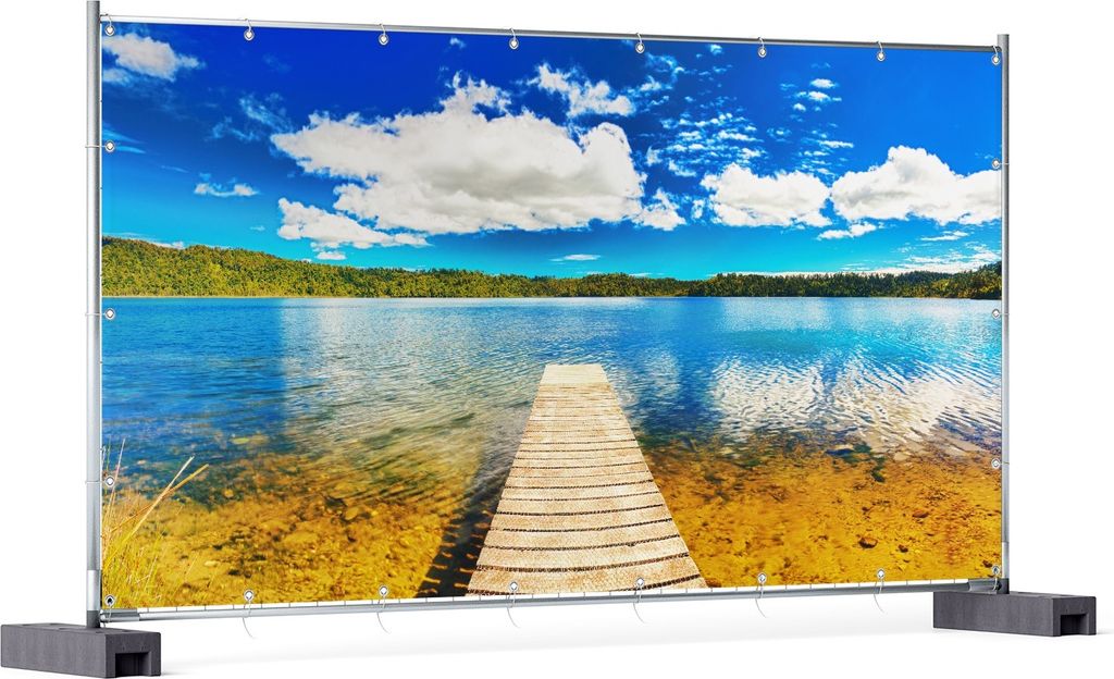 Wallario XXL Outdoor-Poster für Garten oder Balkon, Motiv Klarer See mit Steg - Blauer Himmel, in ca. 340 x 173 cm