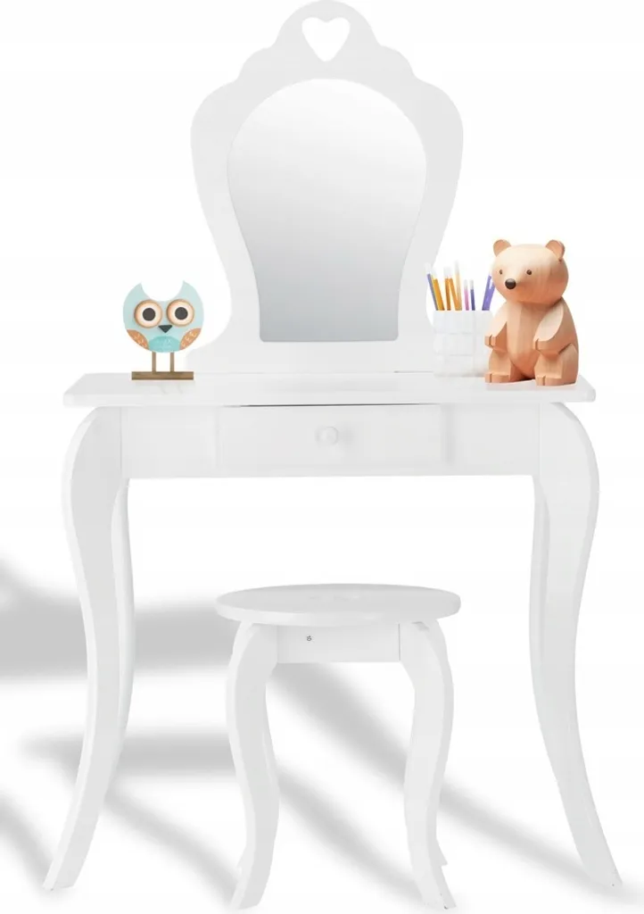 Coiffeuse Style Vintage Blanche avec Miroir et Tabouret pour Enfant