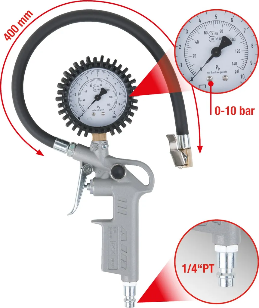 Manomètre de gonflage pneumatique homologué 10 bar pour pneus auto