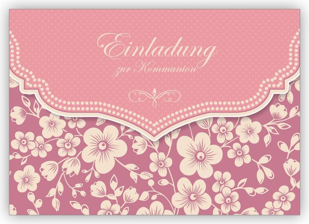 Wunderbare Vintage Einladungskarte mit Retro Kirschblüten Muster in rosa für Mädchen: Einladung zur Kommunion