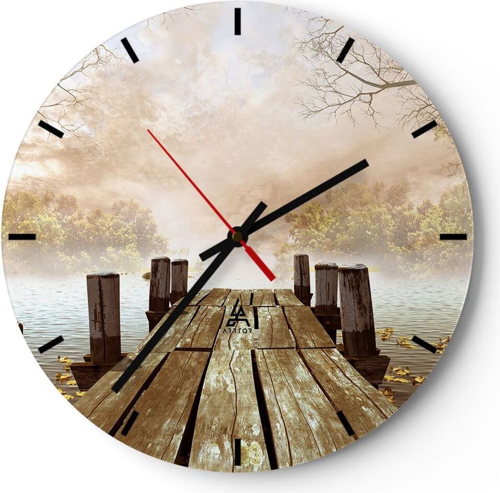 Wanduhr - Rund - Glasuhr - Illustration herbst landschaft bäume - 40x40cm - Schleichendes Uhrwerk - Lautlos - zum Aufhängen bereit - Dekoration M...
