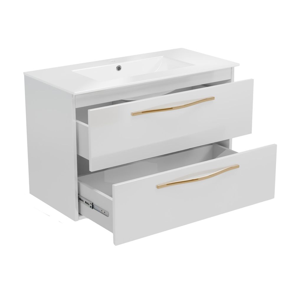 paplinskimoebel Waschbeckenunterschrank Badzimmer Waschtisch Keramik Schublade Soft-Close Badmöbel Weiß Hochglanz Waschtisch und Schrank 80x40x52
