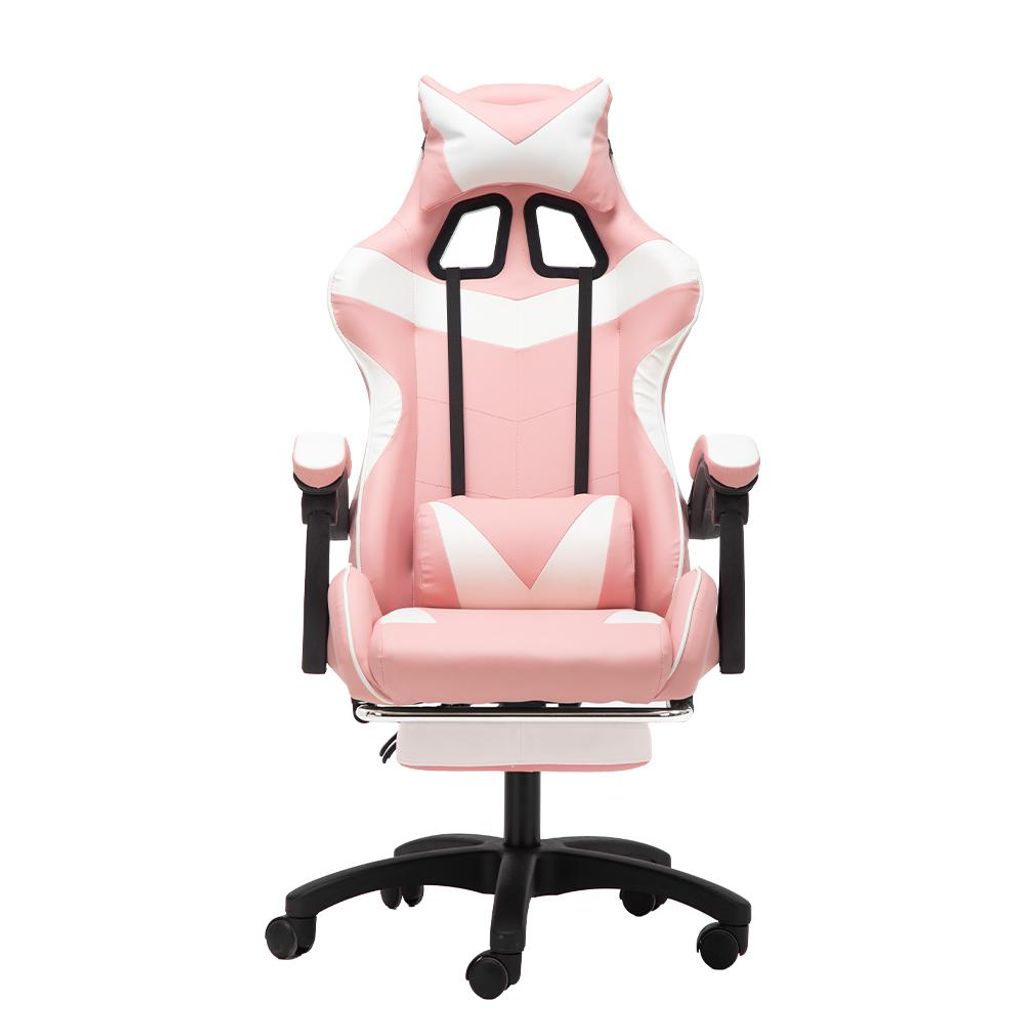 Buerostuhl Weiss-Rosa Gaming-Stuhl Ergonomischer Gamer Lendenwirbelstuetze Fussstuetze Gaming Sessel Katzenohren Kopfkissen Hoehenverstellbar