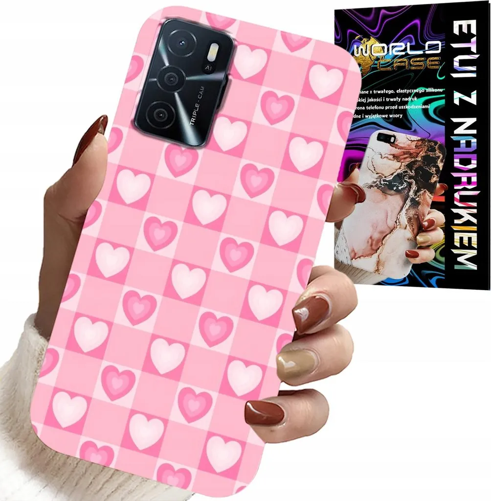 Custodia per Oppo A16 / A16S / A54S - Griglia a cuori rosa + vetro