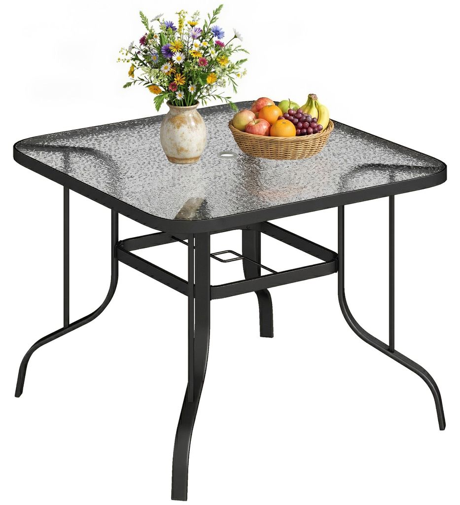 Quadratischer Gartentisch, 96.5x96.5x72 cm, 4 Personen, Schwarz, Sicherheitsglasplatte, Schirmloch mit Abdeckung, rostfreies Metallgestell