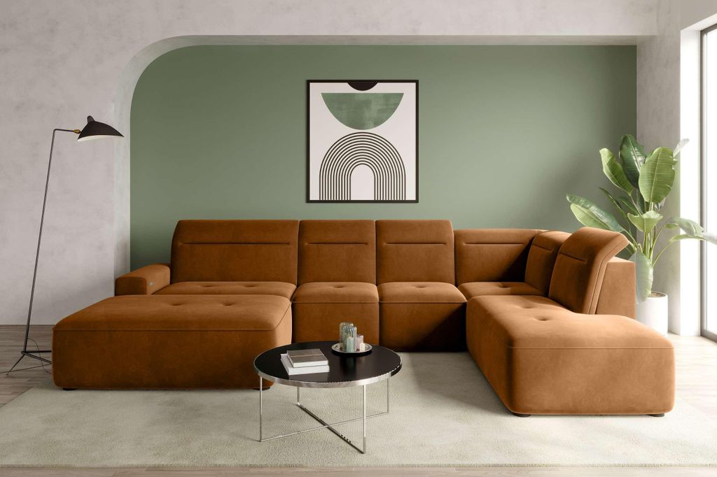 99rooms Elvaro Wohnlandschaft Velours PALLADIUM Cognac Links mit Sitztiefenverstellung