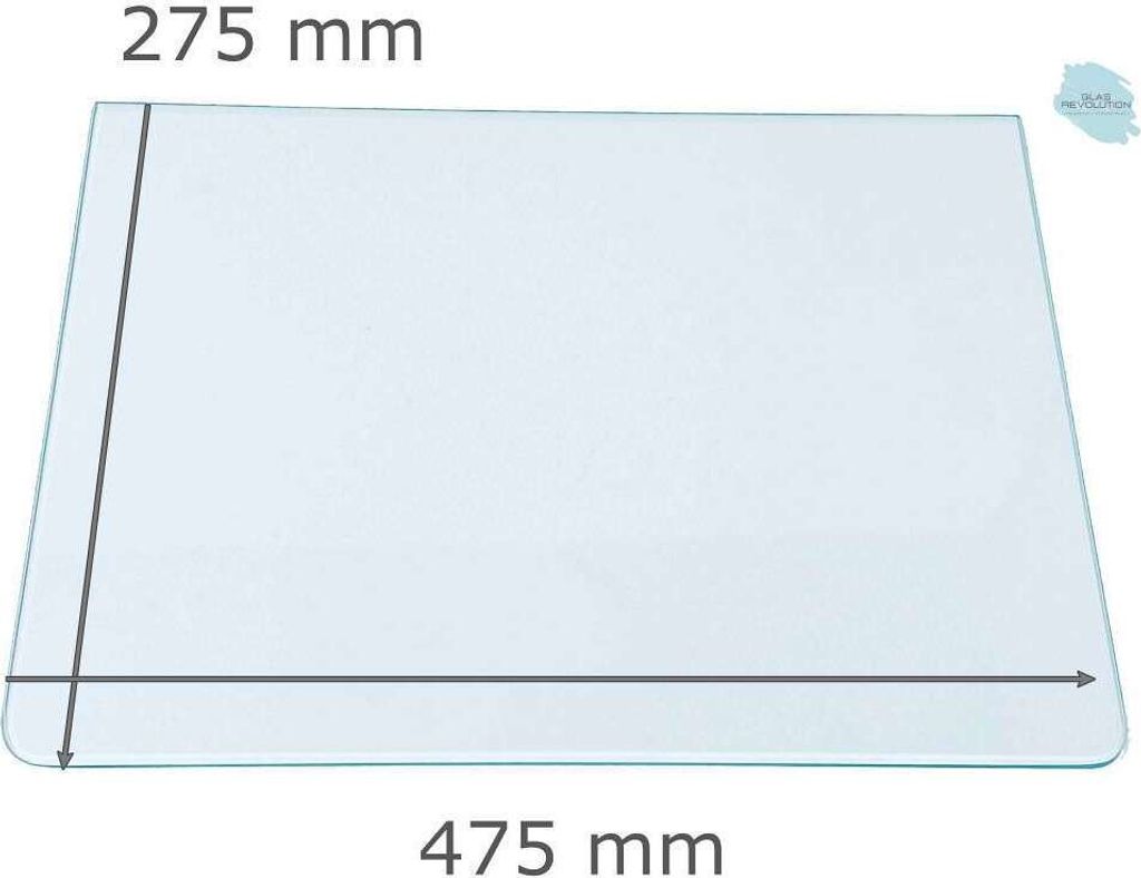 Kühlschrank Einlegeboden - Klarglas 4 mm - 2 abgerundete Ecken - 475 mm x 275 mm - (89,96 EUR / qm - Mindestbfl. 0,25 qm - Kantenb. 5,35 EUR / lfm...