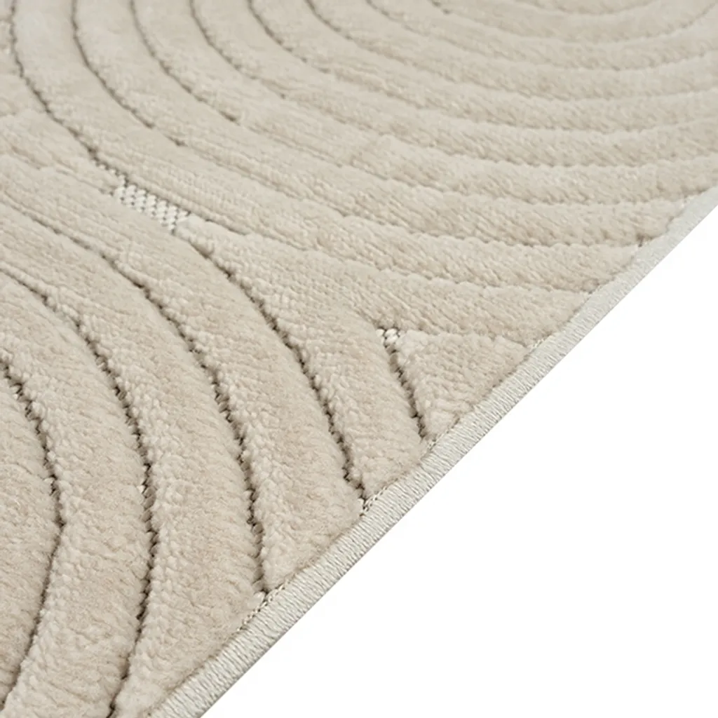 Tapis design beige à lignes géométriques, velours bas et forme ronde - 4