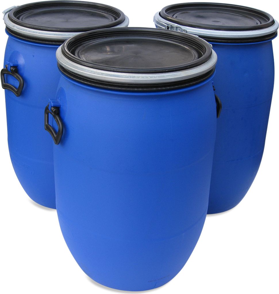 3 x 60 L 60 Liter Spannfass Kunststofftonne Fass Tonne mit Deckel Spannring Farbe blau, gebr. (3x60 Spann)