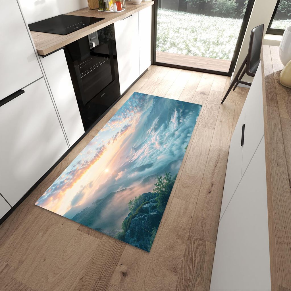 Küchenteppich 90x180cm rutschfest & abwischbar PVC Läufer - Morgennebel in Bergen