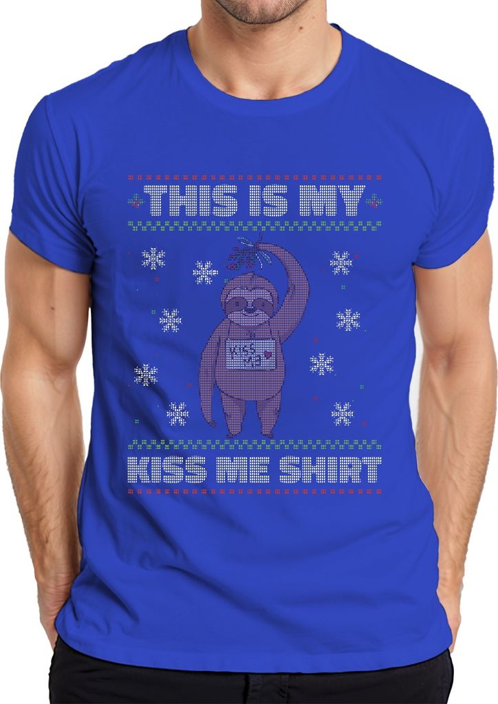 Faultier Mistelzweig Kuss Shirt - Ugly Christmas Sweater Weihnachten Herren T-Shirt, Blau, S