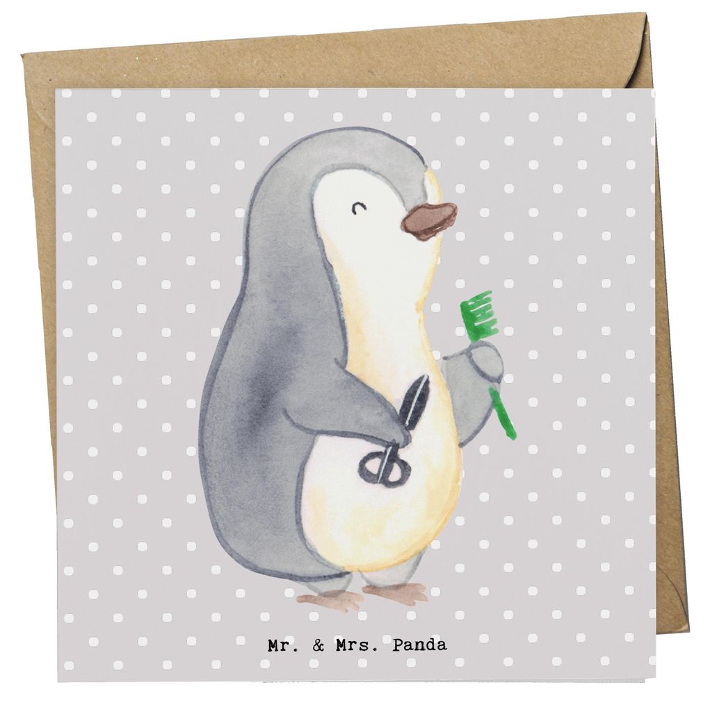 Mr. & Mrs. Panda Glückwunschkarte Friseur Herz - Grau Pastell - Geschenk, faltkarte, Klappkarte, anlasskarte, Frisör, Coiffeur, doppelkarte, Fris...
