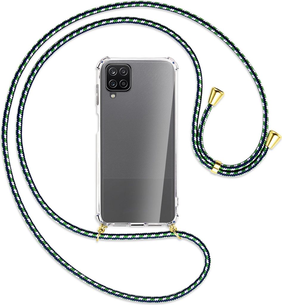 Handykette Backcover-Schutzhülle mit Band (Metall goldfarben) für Samsung Galaxy A12 - grün/blau/weiß