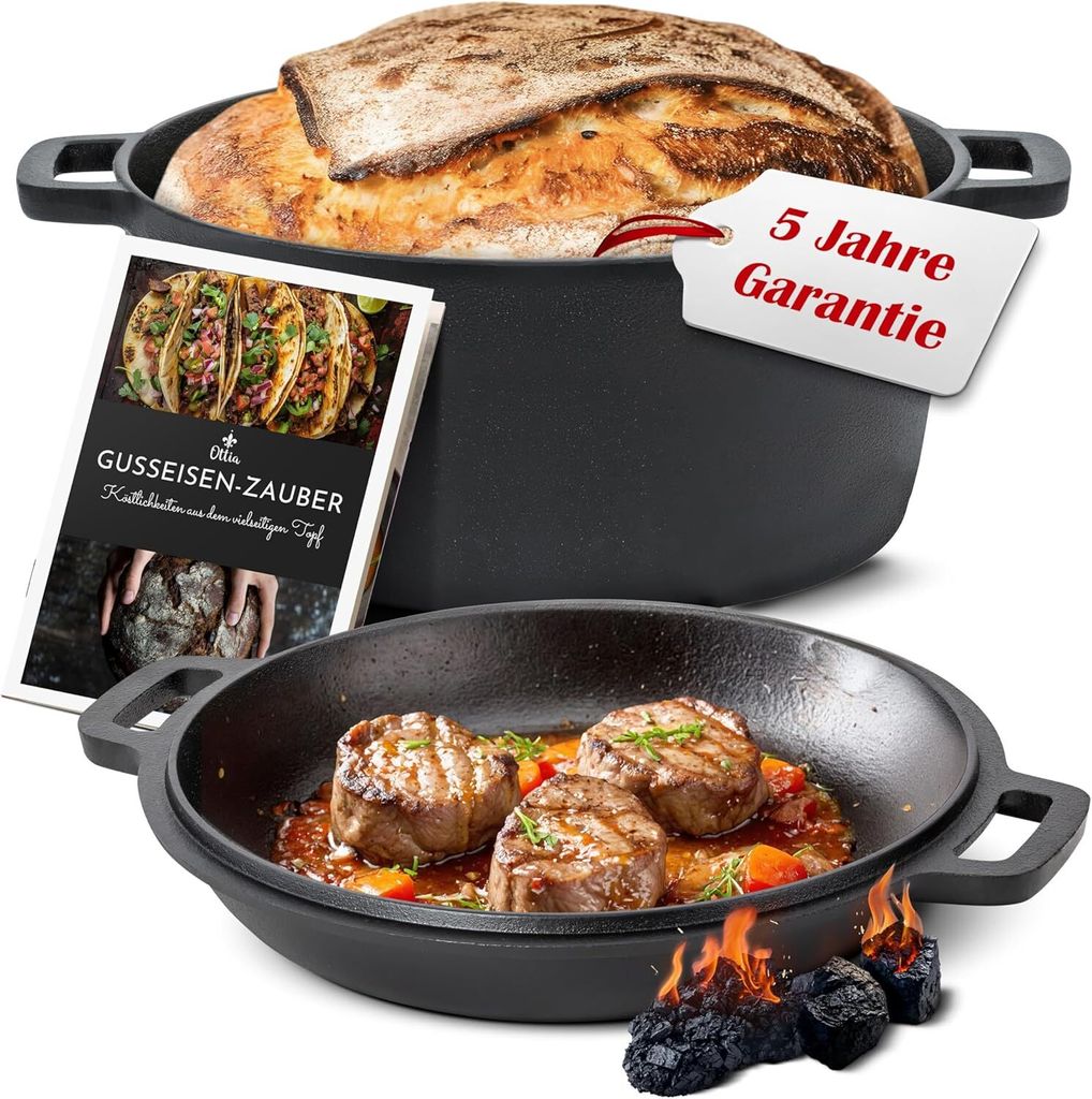 Ottia Gusseisen Topf, Deckel als Pfanne, Brot backen, Eintopf, Schmortopf, für Induktion, Gas, Camping, Feuer, BBQ, Grill, mit Rezeptbuch