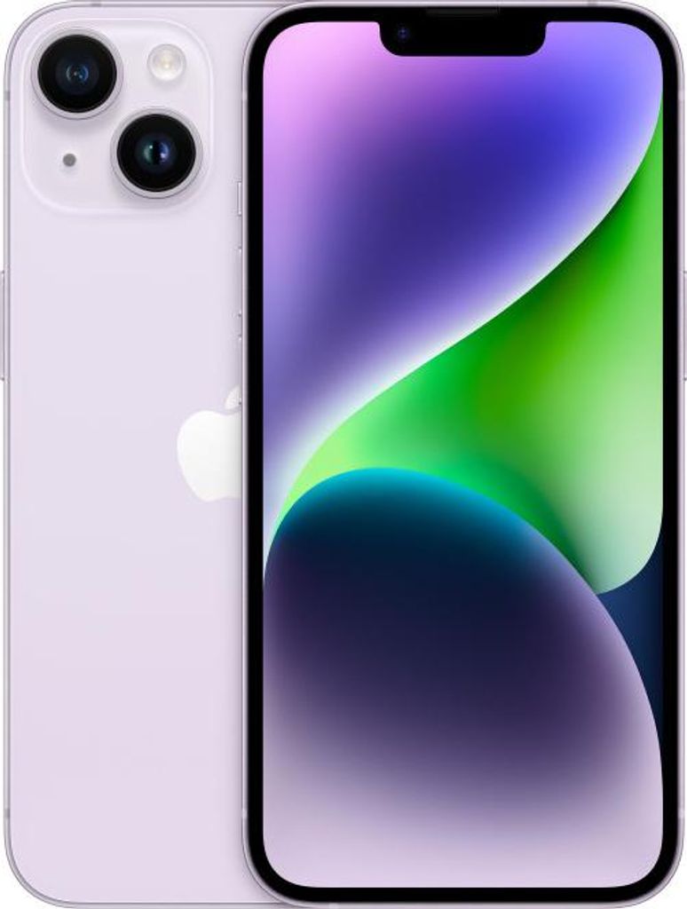 A purple iPhone 14 is shown from the back and front.