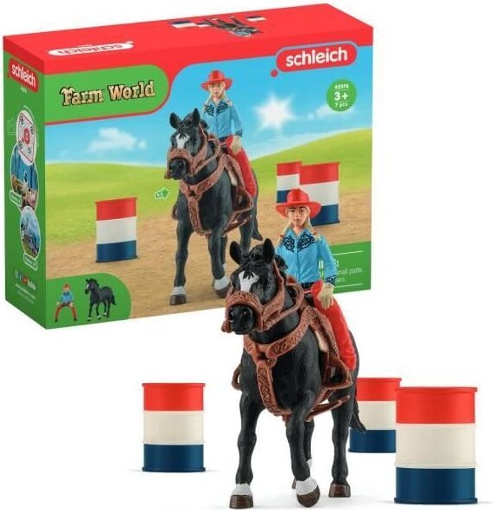Cowgirl Figur mit Pferd und Rennfässern, Schleich Farm World 42576, 7-teiliges Set