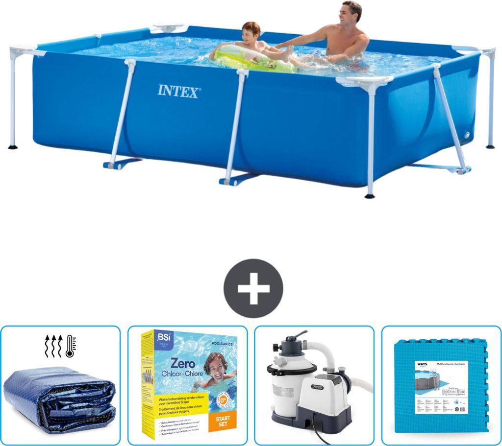 Intex-Schwimmbecken mit rechteckigem Rahmen – 260 x 160 x 65 cm – Blau – im Lieferumfang enthalten Sonnensegel - Wartungspaket - Filterpumpe ...