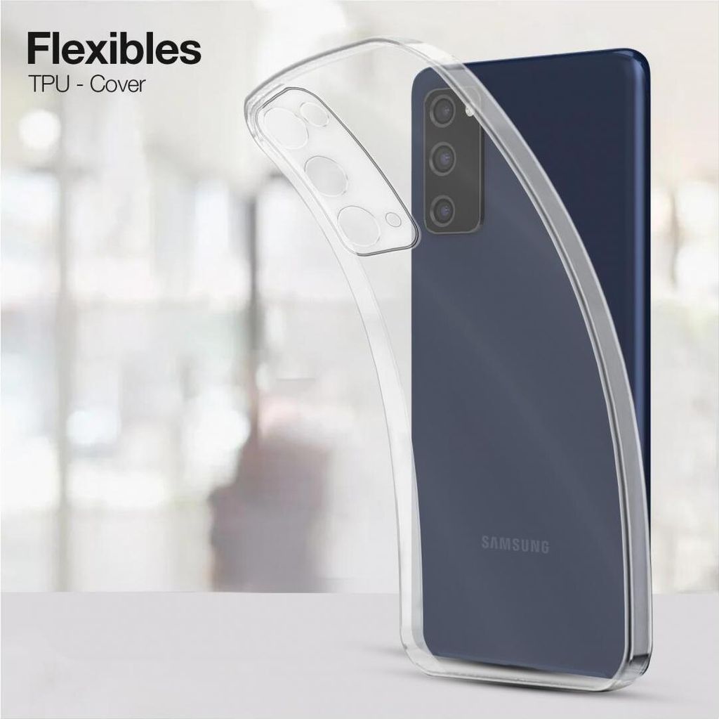 A clear phone case is shown on a dark blue Samsung phone, with a blurred background.