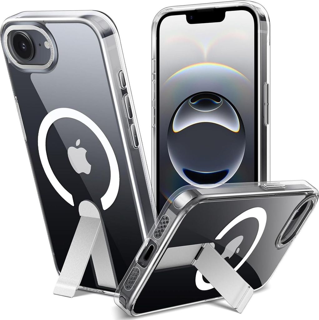Three views of a clear iPhone case with a kickstand and MagSafe compatibility.